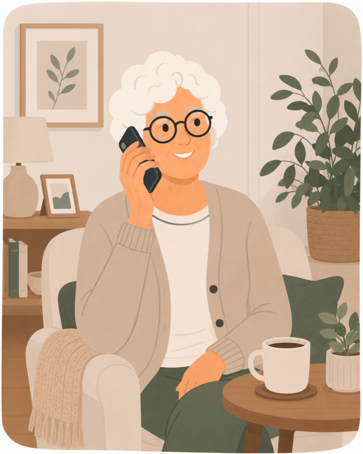 An older woman smiling on the phone in her armchair